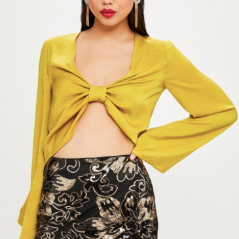 Missguided yellow knot front satin crop top